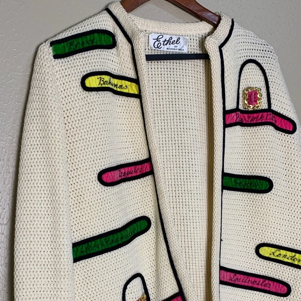 Ethel of Beverly Hills Travel Novelty Cardigan Wool Sweater Cream Women's M - Picture 2 of 16